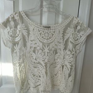 Cream Lace Crop Blouse with Short Sleeves